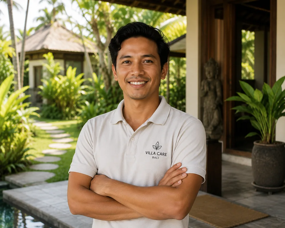 Alit, villa manager, in the garden by the pool